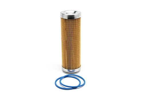 Fuelab 5in paper filter element with pleated media, metal end caps, and two blue O-rings beside it.