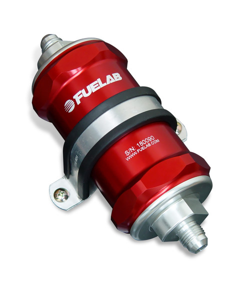 Fuelab 818 in-line fuel filter, red anodized body with -6AN fittings, mounted in a bracket clamp