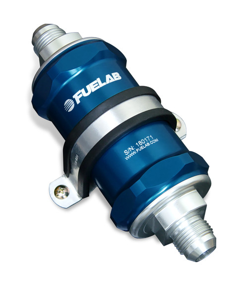 Fuelab 818 in-line fuel filter, blue anodized, angled view showing dual -10AN fittings and mounting bracket.