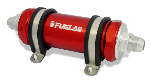 Fuelab 828 in-line fuel filter, red anodized body, silver AN10 fittings on both ends, mounting brackets shown.