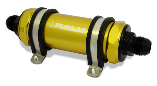 Fuelab 828 gold inline fuel filter, angled view showing both AN fittings and mounting bracket clamps