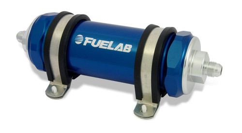 Fuelab 828 in line fuel filter, blue anodized body, dual AN fittings, rubber mounted, side view