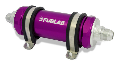 Fuelab 828 in line fuel filter, purple anodized body with -12AN fittings, mounting brackets shown