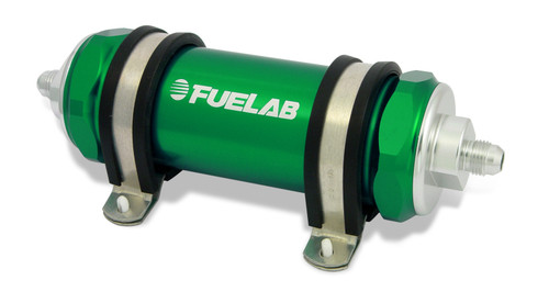 Fuelab 828 in-line fuel filter, green anodized body, -10AN fittings both ends, mounting brackets shown.
