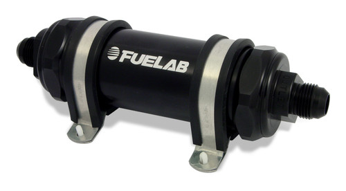 Fuelab 828 in-line fuel filter, black anodized body with AN fittings on both ends and mounting clamps.