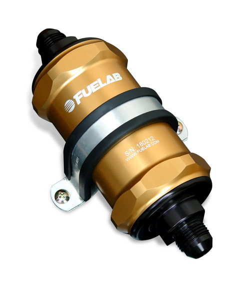 Fuelab 848 gold inline fuel filter, -6AN fittings, mounting bracket, diagonal view with logo visible