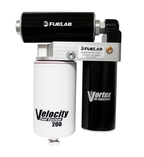 Fuelab Velocity 200 GPH lift pump assembly, front view showing filter, motor and Vortex separator