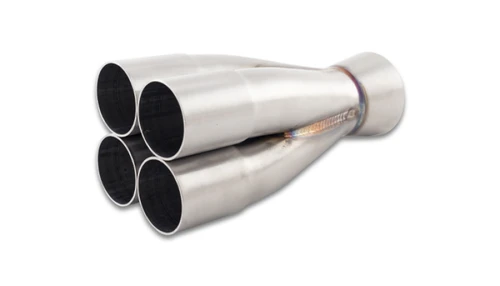 Vibrant 4-1 merge collector, four 1.625in tubes tapering to a single 2in stainless outlet, angled view
