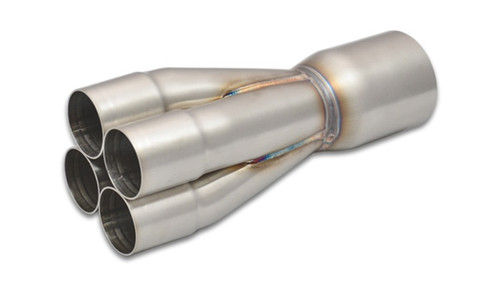 Vibrant 4 1 SS merge collector, four 1 3/4in inlets welded into single 2 1/2in outlet, angled view