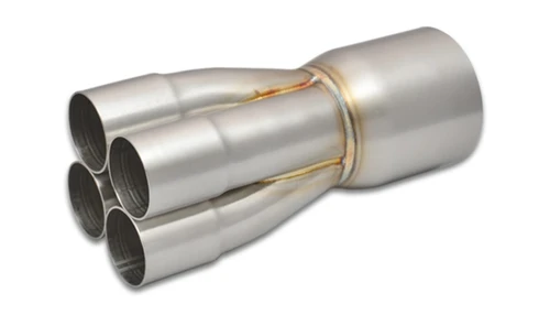 Vibrant 4-1 stainless merge collector, four 1-3/4in tubes tapering into a single 3in outlet, angled view