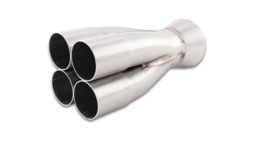 Vibrant 4-1 merge collector, 1.625in inlet tubes tapering into a 2.25in outlet, angled view, polished stainless.