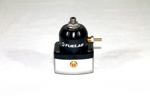 Fuelab Diesel Velocity Series adjustable fuel pressure regulator, black body, brass barb fitting on side, AN port on top