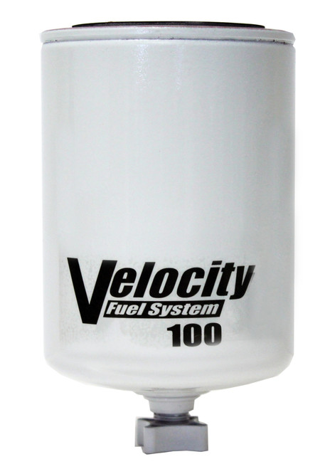 Fuelab Velocity 100 fuel/water separator element, white canister with black lettering, front view