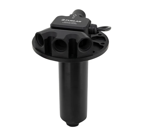 Fuelab SAE plate mount brushless screw pump, top ports and cylindrical housing, angled front view.