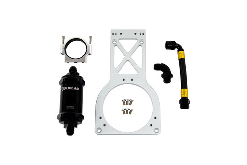 Fuelab Fuel Surge Upgrade Filter Kit, 235mm, showing mounting bracket, black canister filter, hose and 90 degree fitting