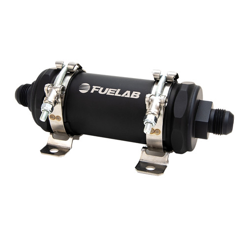 Fuelab PRO Series in line fuel filter, matte black, angled view showing both -12AN fittings and mounting brackets