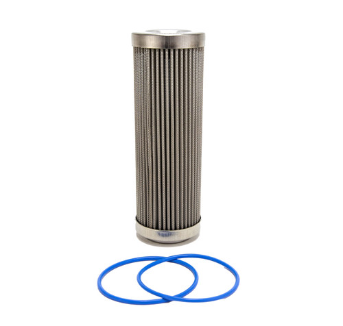 Fuelab 6in pleated stainless steel filter element with two blue O-rings shown below it, front view