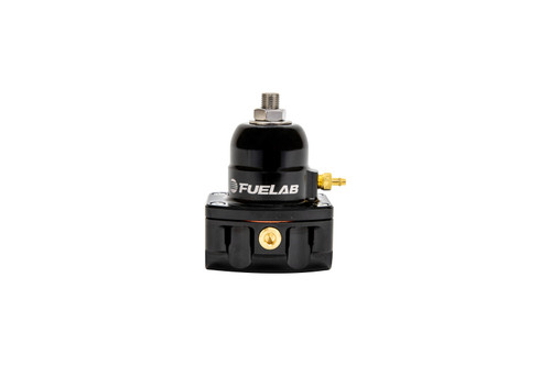 Fuelab Ultralight carb FPR, front angle, black billet body, dome top, adjuster port, AN fittings visible.
