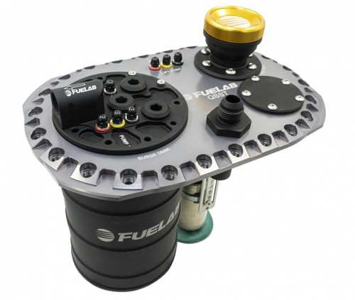 Fuelab Quick Service Surge Tank in titanium, top angled view showing fittings, cap, and mounting plate