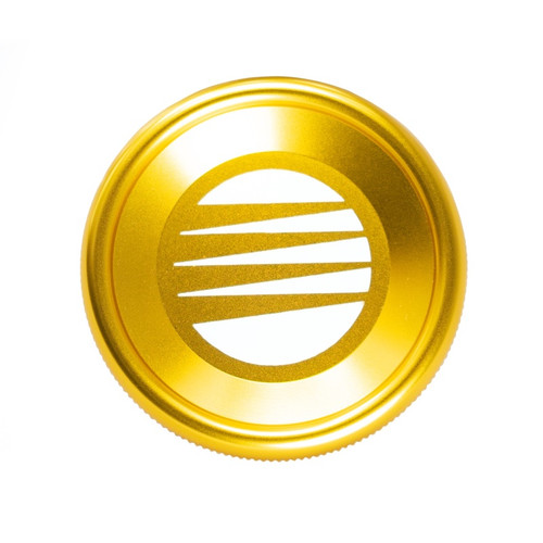 Fuelab Replacement Fuel Cap in Gold, top down view showing knurled edge and sliced circle logo design
