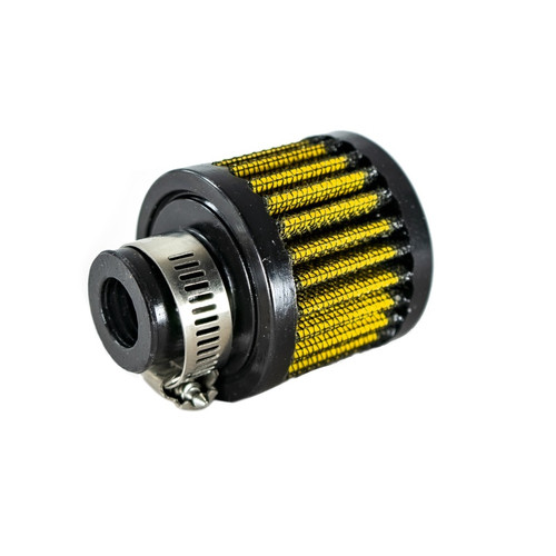 Fuelab Replacement Vent Filter w/Clamp, Gold, angled view showing pleated mesh element and hose clamp fitting