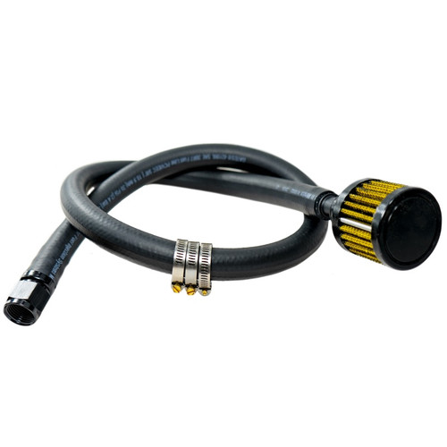 Fuelab Fuel Cell Vent Kit, black hose with chrome fitting, clamps, and yellow filter breather cap