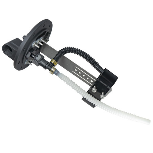Fuelab dual 500LPH fuel pump hanger assembly, empty, angled view showing mounting flange, bracket and hoses
