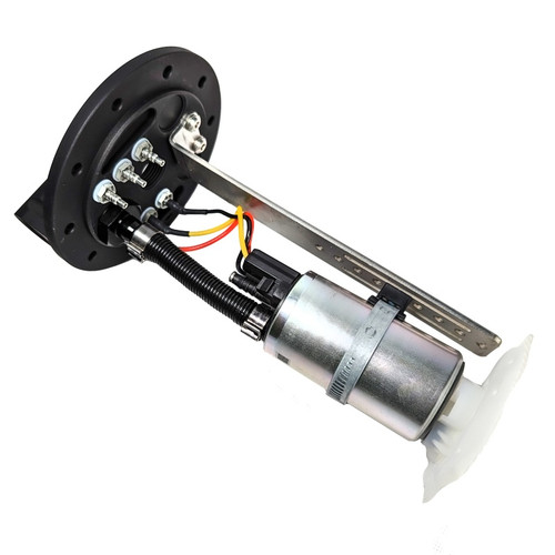 Fuelab Single 500LPH Brushless E85 Fuel Pump Hanger Assembly, top angled view showing mounting flange, wiring and pump body