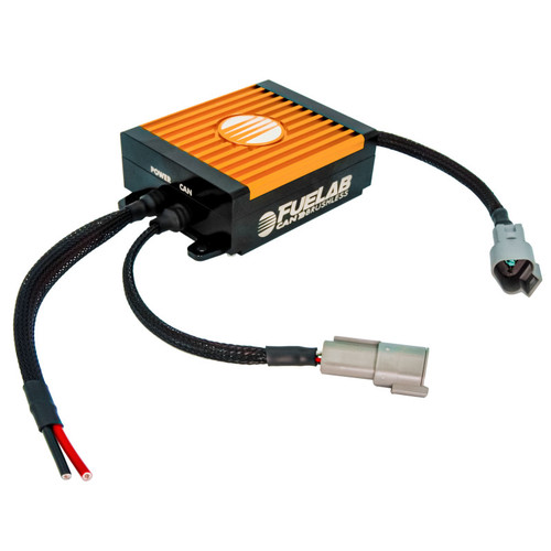 Fuelab CAN Brushless fuel pump controller, orange finned top, wiring harnesses and two connectors