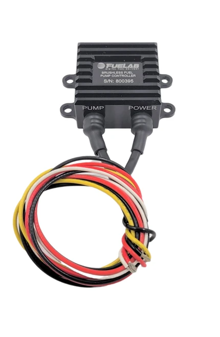 Fuelab brushless fuel pump controller, black anodized housing, front view showing PUMP and POWER cable ports with wiring harness