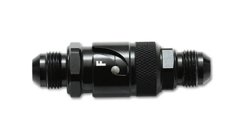 Vibrant -12AN quick release fitting, black anodized aluminum, side view showing male AN ends and knurled release collar