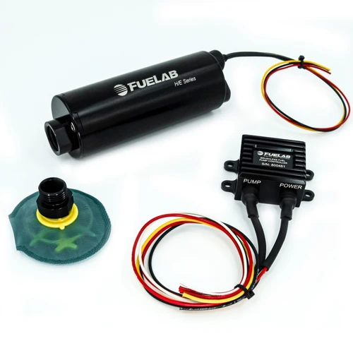 Fuelab In-Tank Twin Screw Brushless Fuel Pump, remote controller, wiring and mesh strainer sock shown