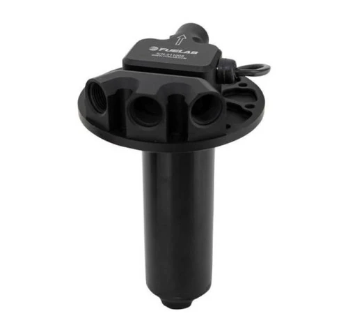 Fuelab SAE plate mount brushless fuel pump, black housing with multiple ports, angled front view