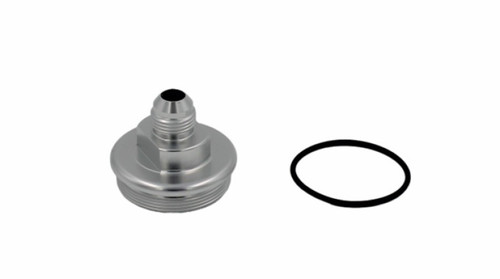 Fuelab clear replacement filter cap with -8AN outlet fitting, shown alongside its black rubber O-ring seal