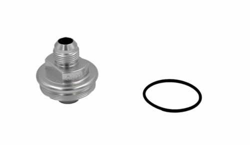Fuelab -10AN fuel filter outlet cap in clear finish, angled view with matching black O-ring beside it