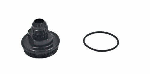 Fuelab replacement filter cap with -10AN inlet fitting in black, shown beside its round rubber O-ring seal