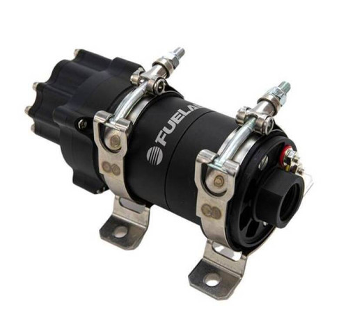 Fuelab PRO Series brushless fuel pump, angled view showing distributor cap, hose fittings and mounting brackets