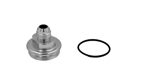 Fuelab replacement filter cap with -10AN inlet fitting, clear finish, shown beside its o-ring seal