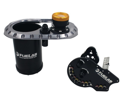 Fuelab Quick Service Surge Tank 2.0, titanium body with black lid plate and mounting bracket, fittings visible