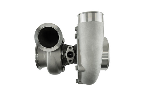Turbosmart TS-1 5862 turbocharger, side angle showing V-band compressor and turbine housings with oil ports.