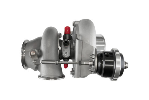 Turbosmart 6262 V-Band turbocharger, side view showing wastegate actuator and oil fittings