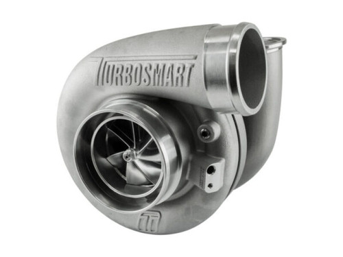 Turbosmart TS-1 7880 turbocharger, front angle view showing compressor wheel, v-band inlet and oil fitting ports.