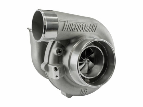 Turbosmart TS-1 5862 turbocharger, side angle view showing compressor wheel, v-band inlet and cast housing