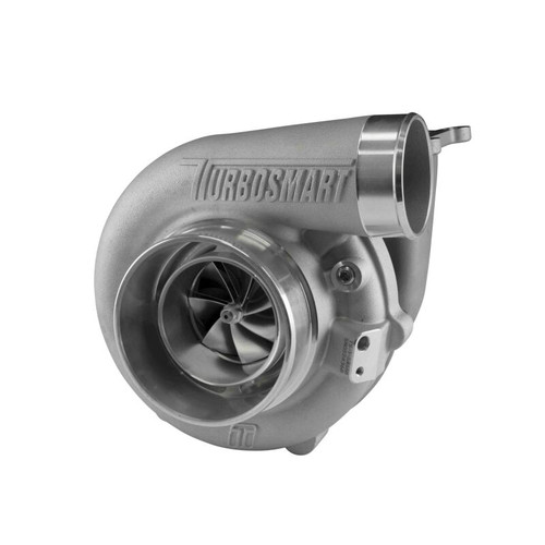 Turbosmart 6466 T4 0.96AR TS-1 turbocharger, side angle view showing compressor wheel, housing, and inlet
