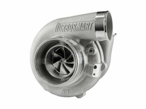 Turbosmart TS-2 6466 turbocharger, front angle view showing compressor wheel, V-band inlet and wastegate flange