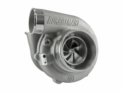Turbosmart TS-2 6466 water cooled turbocharger, angled view showing compressor wheel, v-band inlet and Turbosmart logo housing