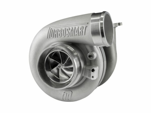 Turbosmart 7275 T4 1.24AR TS-1 turbocharger, angled front view showing compressor wheel, wastegate, and inlet flange