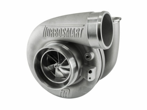 Turbosmart 7275 TS-1 turbocharger, front angled view showing compressor wheel, V-band outlet and turbine housing.