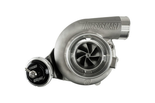 Turbosmart 6466 V-Band turbocharger, front angle view showing compressor wheel and integrated wastegate actuator