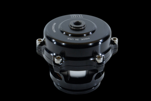 TiAL Sport Q BOV 10 PSI Spring in black, front view showing top cap, mounting bolts and outlet flange